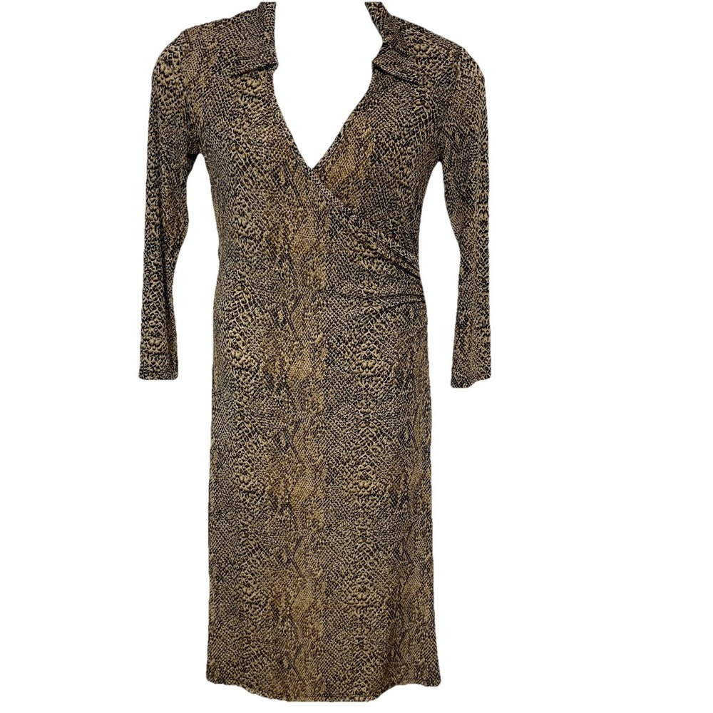 Vintage Reptile‎ Print Sheath Dress Medium Midi Long Sleeve Ruched Stretch USA